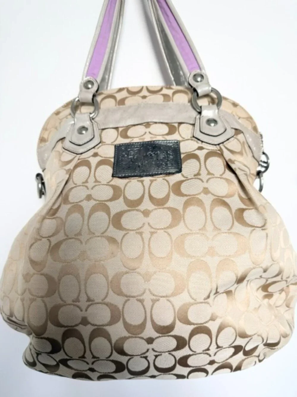 Coach Beige Signature Canvas Floral Poppy Satchel with Purple Accents